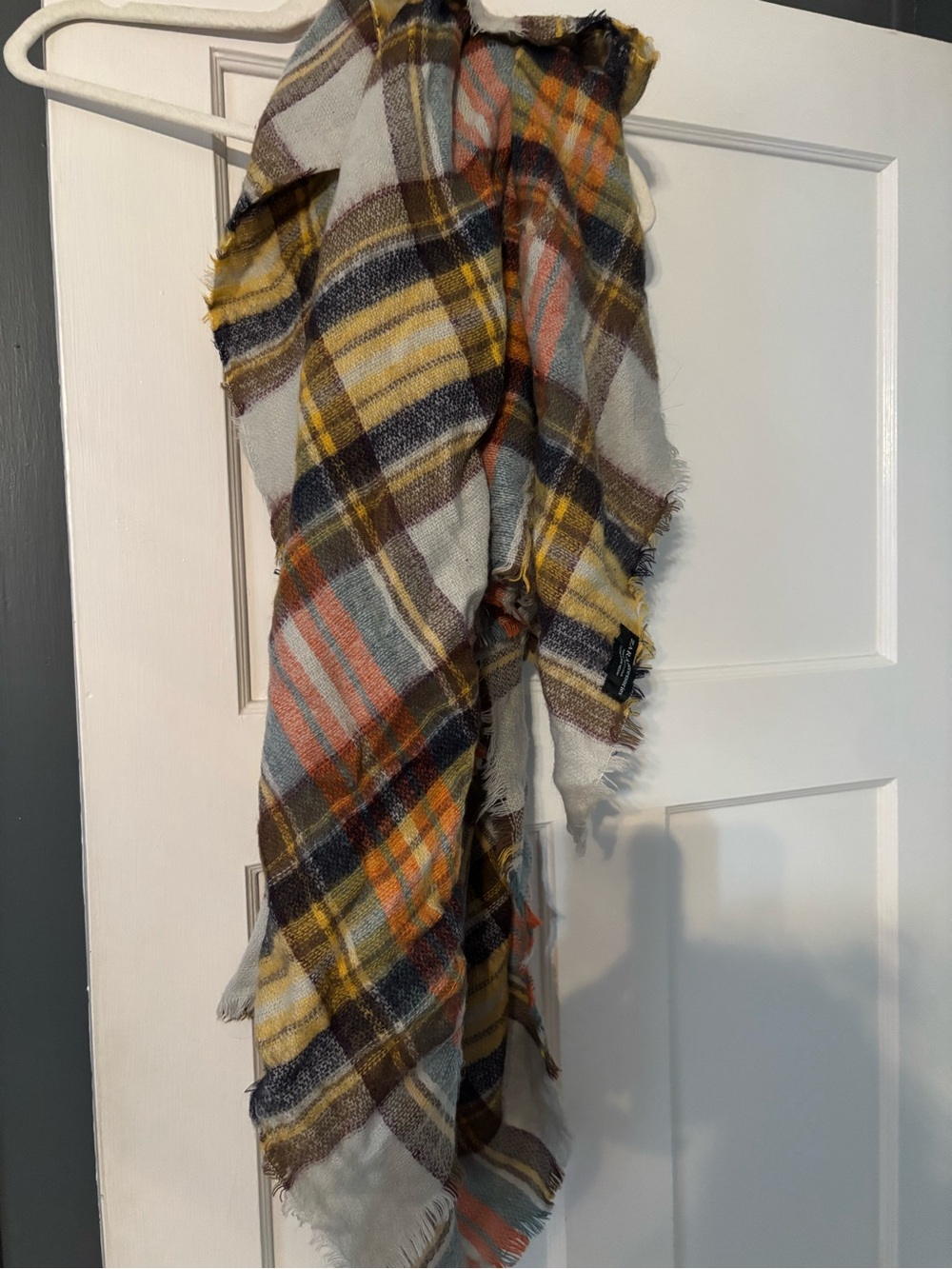 Zara Plaid Fringe Throw Blanket Scarf - Mustard, Rust & Gray